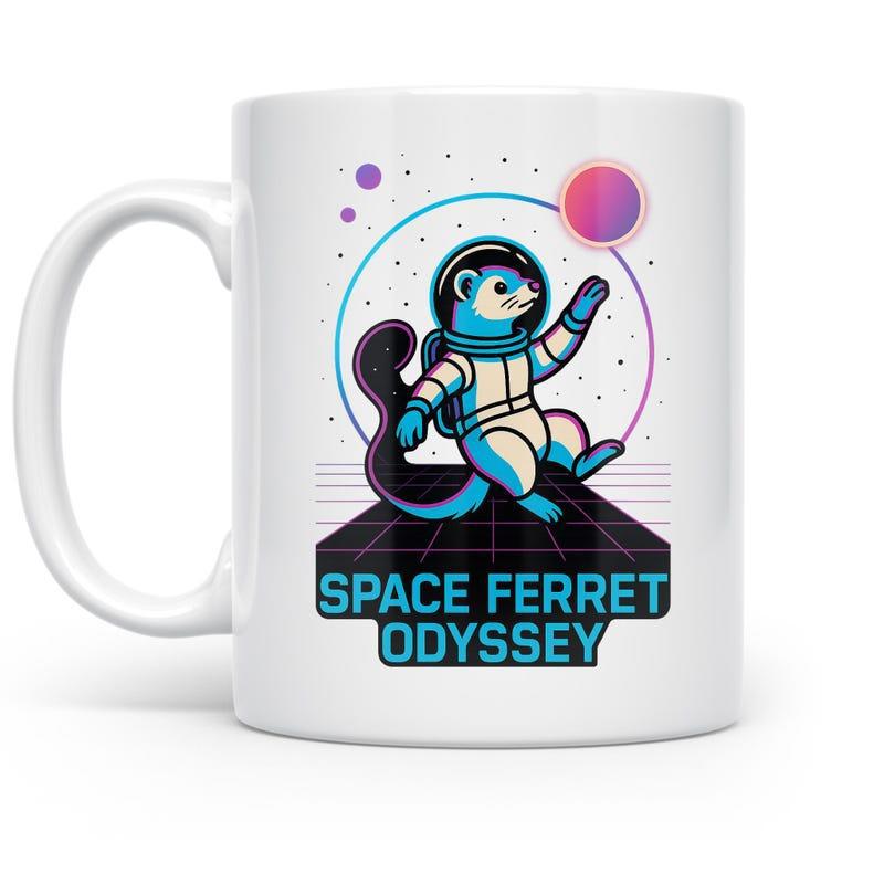 Tailorly White Ceramic 11 oz Mug - Space Ferret Odyssey Wearing Astronaut Suit Walking On Grid Platform Near Glowing Planet Ferret
