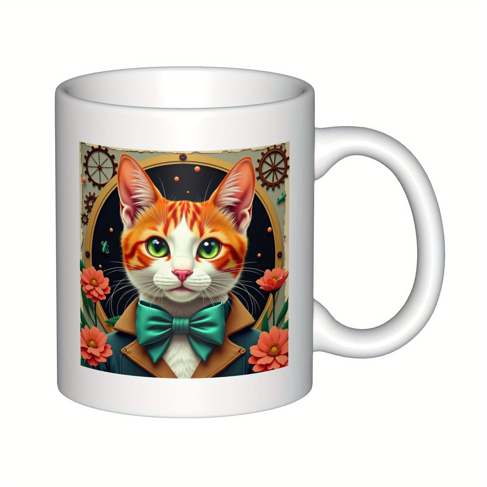 Tailorly White Ceramic 11 oz Mug - Steampunk Orange Tabby Wearing Teal Bow Tie Among Mechanical Gears And Flowers Cat