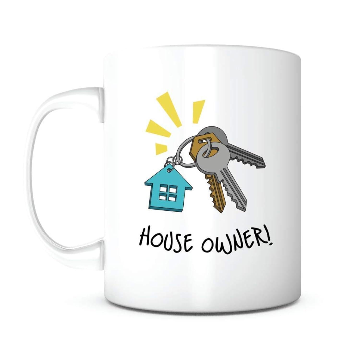 Tailorly White Ceramic 11 oz Mug - House Owner Metal Keys Dangling With A Blue House Keychain Under Bright Yellow Sparks Keys