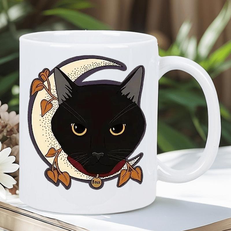 Tailorly White Ceramic 11 oz Mug - Mysterious Black Cat Resting Against Crescent Moon Among Autumn Leaves Cat