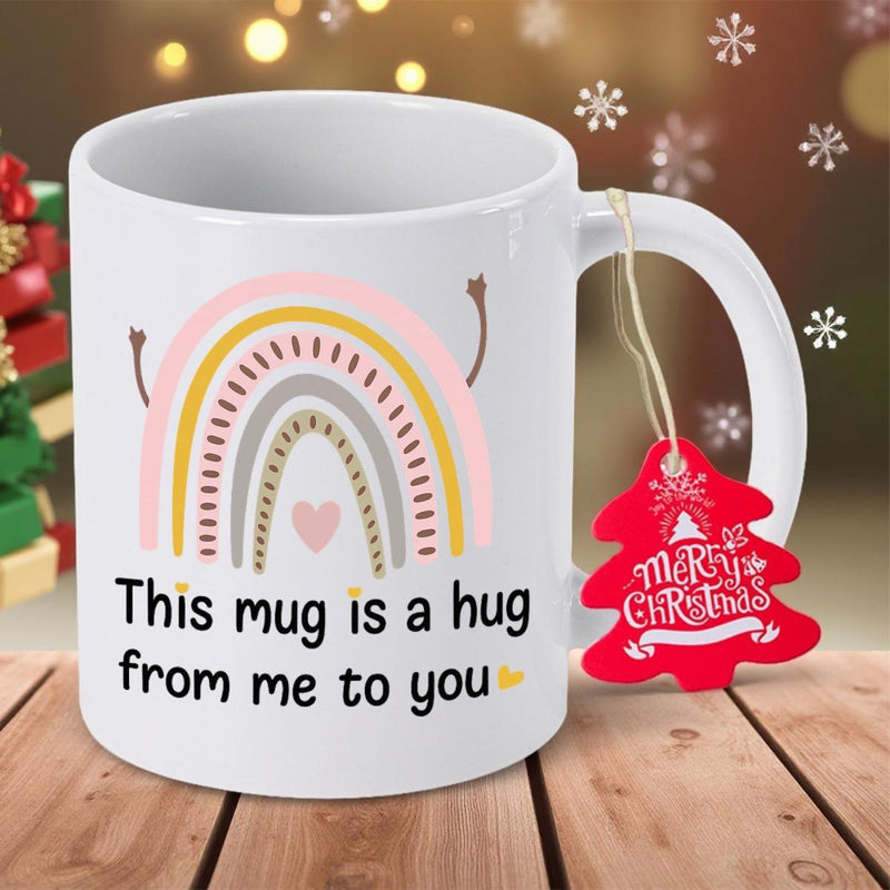 Tailorly White Ceramic 11 oz Mug - This Mug Is A Hug From Me To You Hand Drawn Pastel Bohemian Arch With Tiny Reaching Hands Heart Rainbow