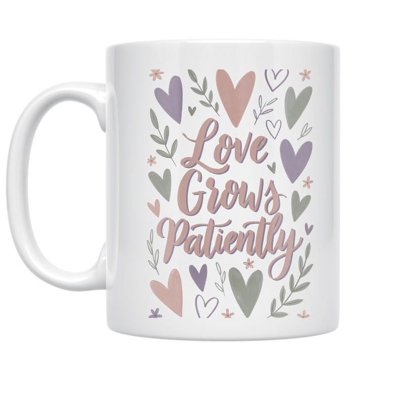 Tailorly White Ceramic 11 oz Mug - Love Grows Patiently Pastel Hearts With Muted Leaves And Scattered Decorative Stars Heart