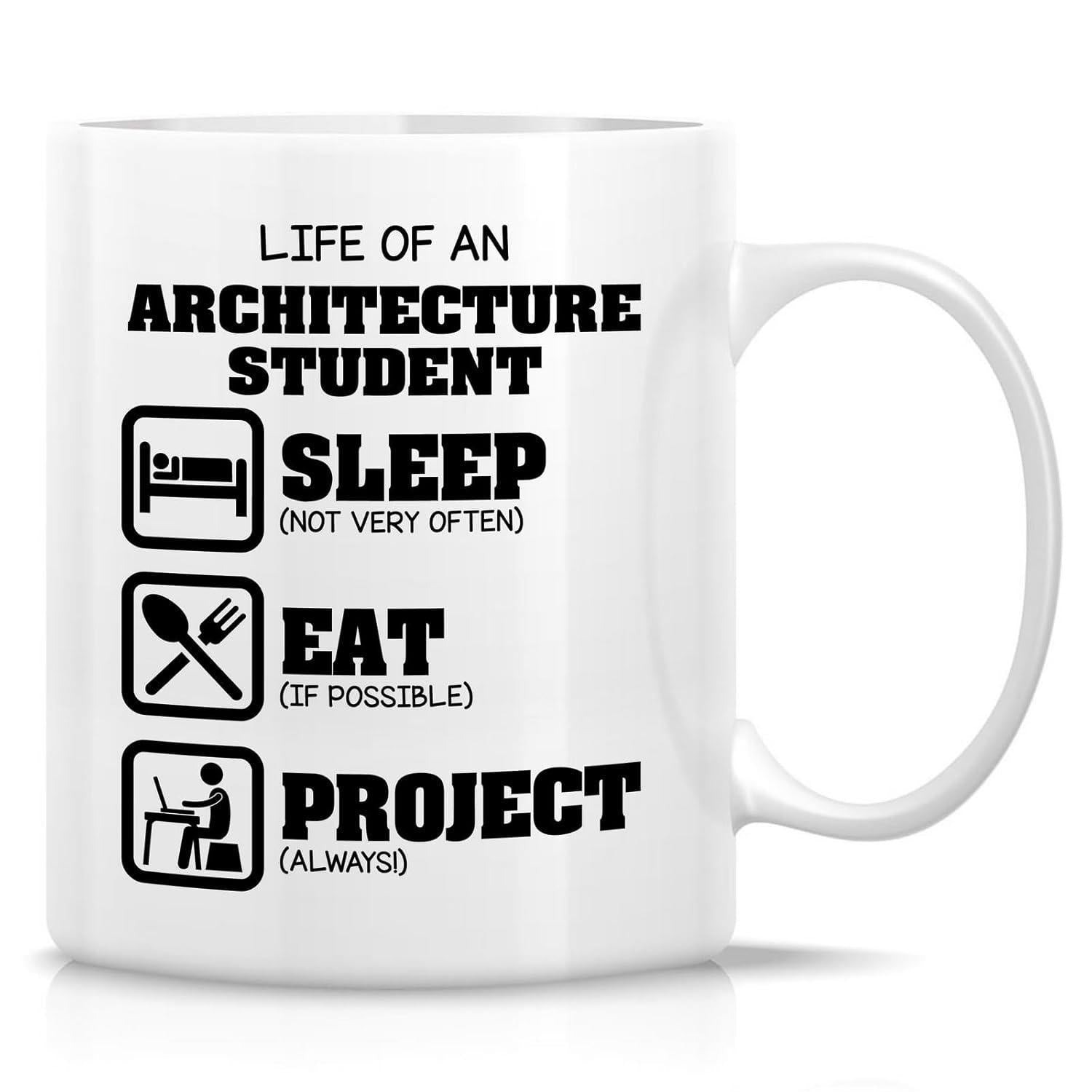 Tailorly White Ceramic 11 oz Mug - Life Of An Architecture Student Sleep Eat Project Minimalist Black Pictogram Icons Representing Daily Routine Of Busy College