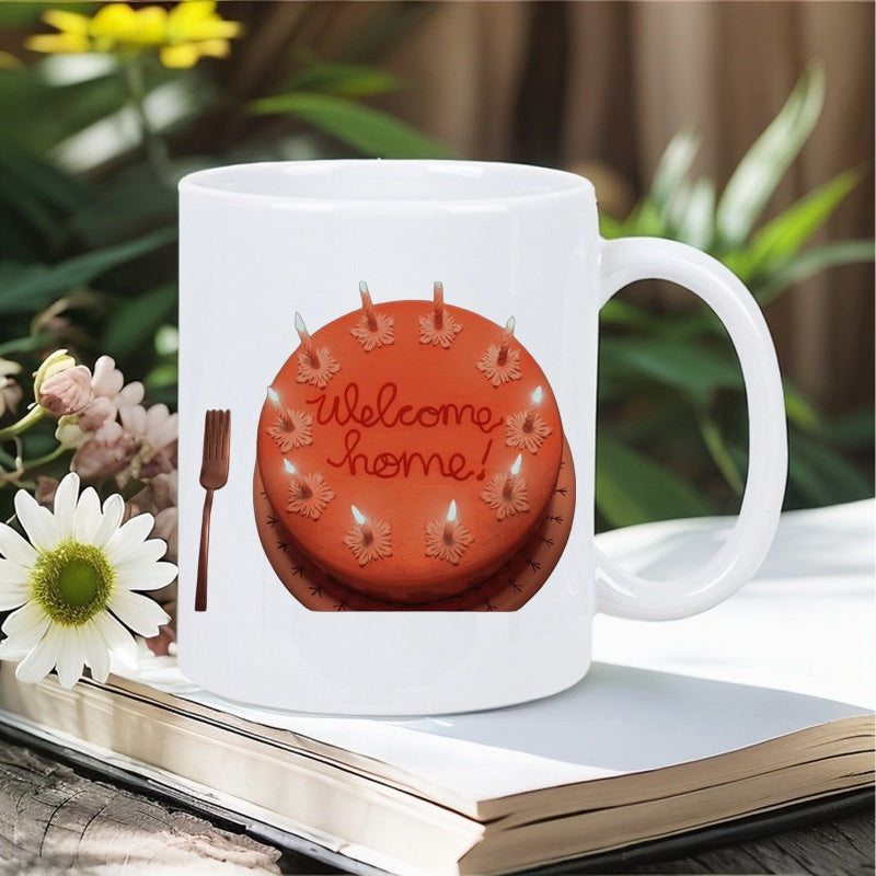 Tailorly White Ceramic 11 oz Mug - Welcome Home Vibrant Round Orange Celebration Dessert Surrounded By Small Burning Lit Candles Cake