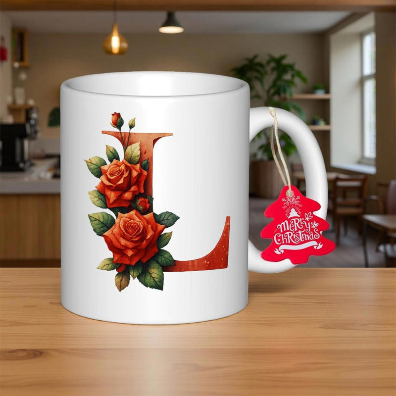 Tailorly White Ceramic 11 oz Mug - L Merry Christmas Floral Design Featuring Vibrant Red Roses Wrapped Around A Stylized Letter