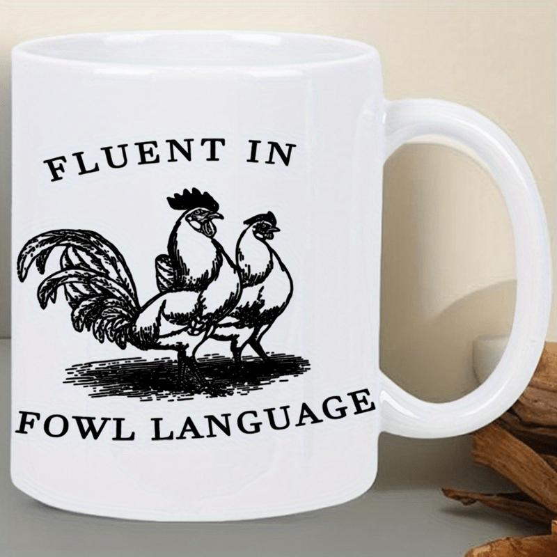 Tailorly White Ceramic 11 oz Mug - Fluent In Fowl Language Detailed Vintage Style Farmhouse Roosters Standing Together On Grassy Ground Rooster