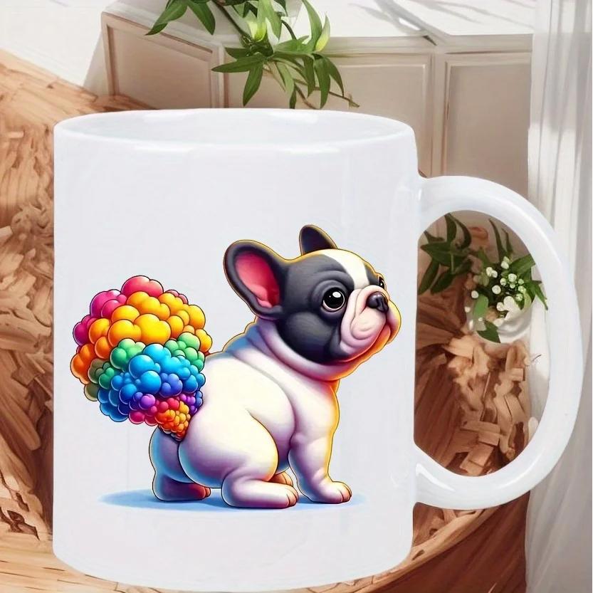 Tailorly White Ceramic 11 oz Mug - Adorable Cartoon Dog Releasing A Colorful Cloud Of Rainbow Bubbles French Bulldog