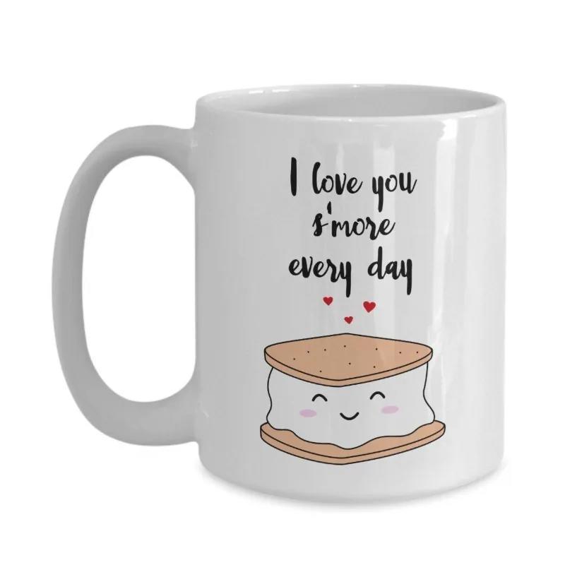 Tailorly White Ceramic 11 oz Mug - I Love You Smore Every Day Cute Smiling Marshmallow Treat With Tiny Hearts Floating Above It Smore