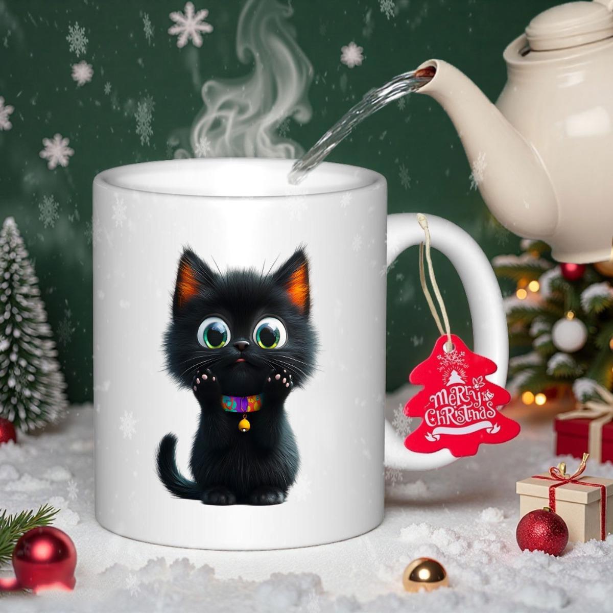 Tailorly White Ceramic 11 oz Mug - Merry Christmas Adorable Fluffy Black Kitten Wearing Rainbow Collar With Big Green Eyes Cat