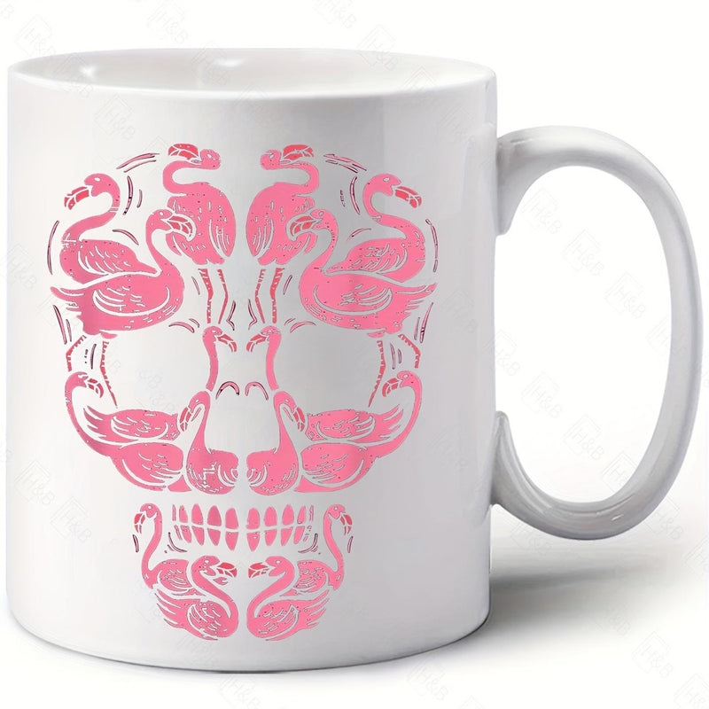 Tailorly White Ceramic 11 oz Mug - Artistic Pink Flamingos Arranged Intricately To Form A Detailed Decorative Skull