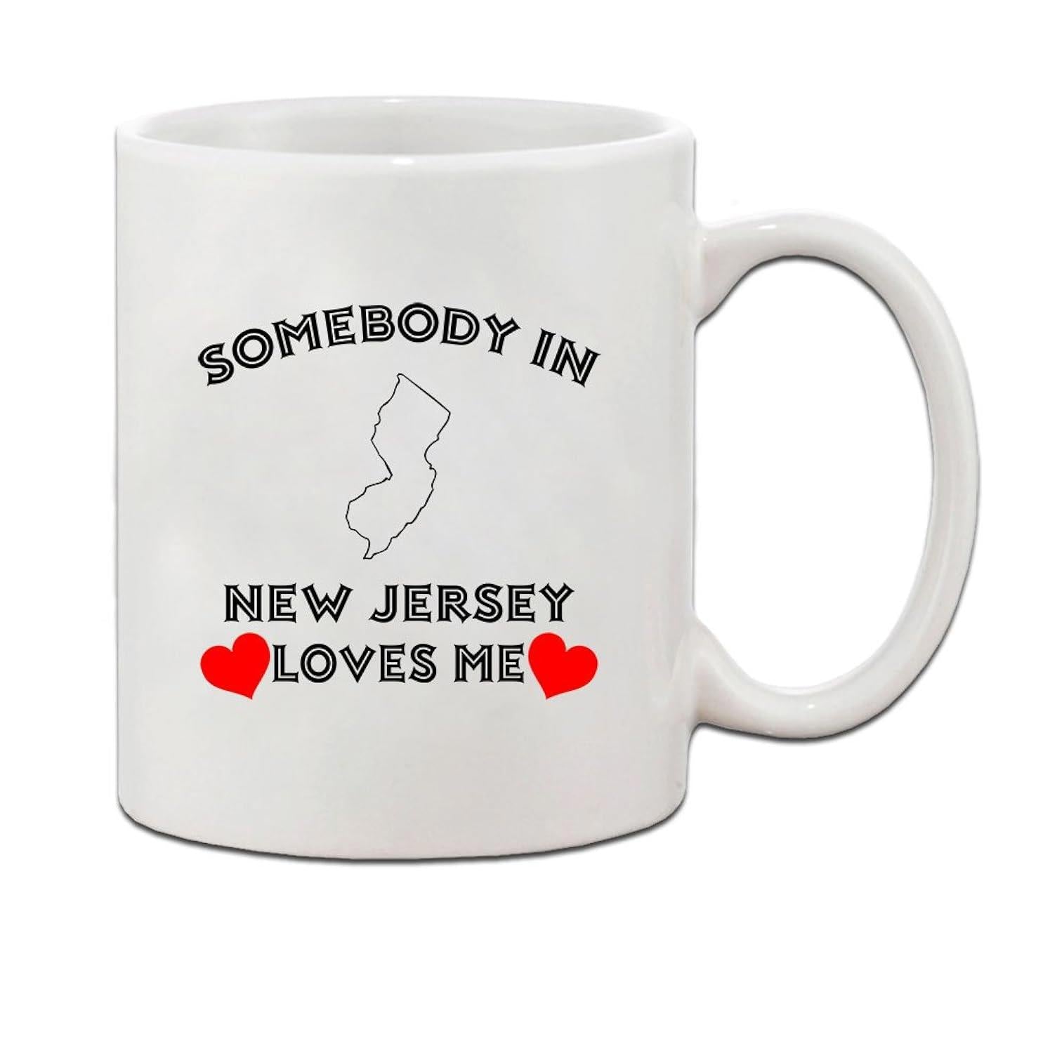 Tailorly White Ceramic 11 oz Mug - Somebody In New Jersey Loves Me Minimalist State Map Outline Featuring Two Vibrant Red Decorative Hearts Map