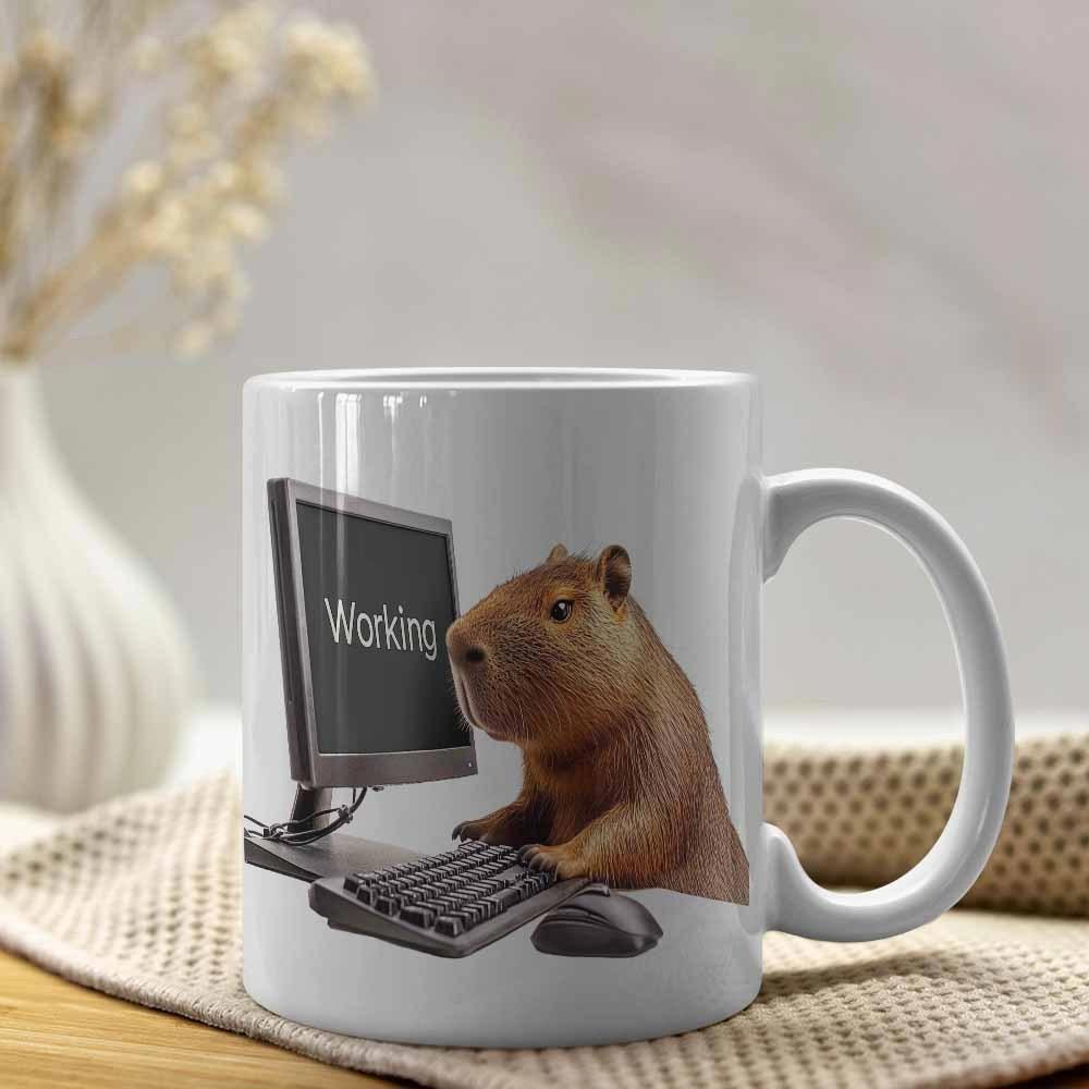 Tailorly White Ceramic 11 oz Mug - Working Brown Furry Capybara Sitting Before Computer Screen Typing On A Keyboard Capybara
