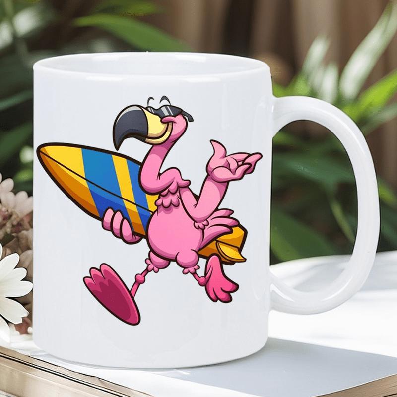 Tailorly White Ceramic 11 oz Mug - Cool Pink Cartoon Character Wearing Sunglasses And Carrying Striped Surfboard Flamingo