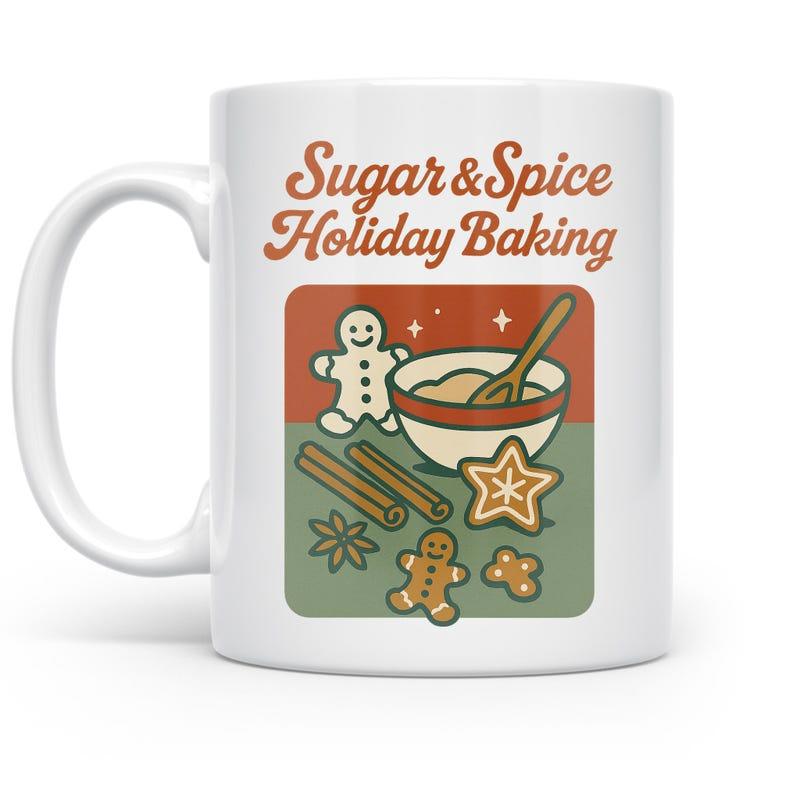 Tailorly White Ceramic 11 oz Mug - Sugar Spice Holiday Baking Vintage Kitchen Scene With Cinnamon Sticks And Mixing Bowl Gingerbread Man