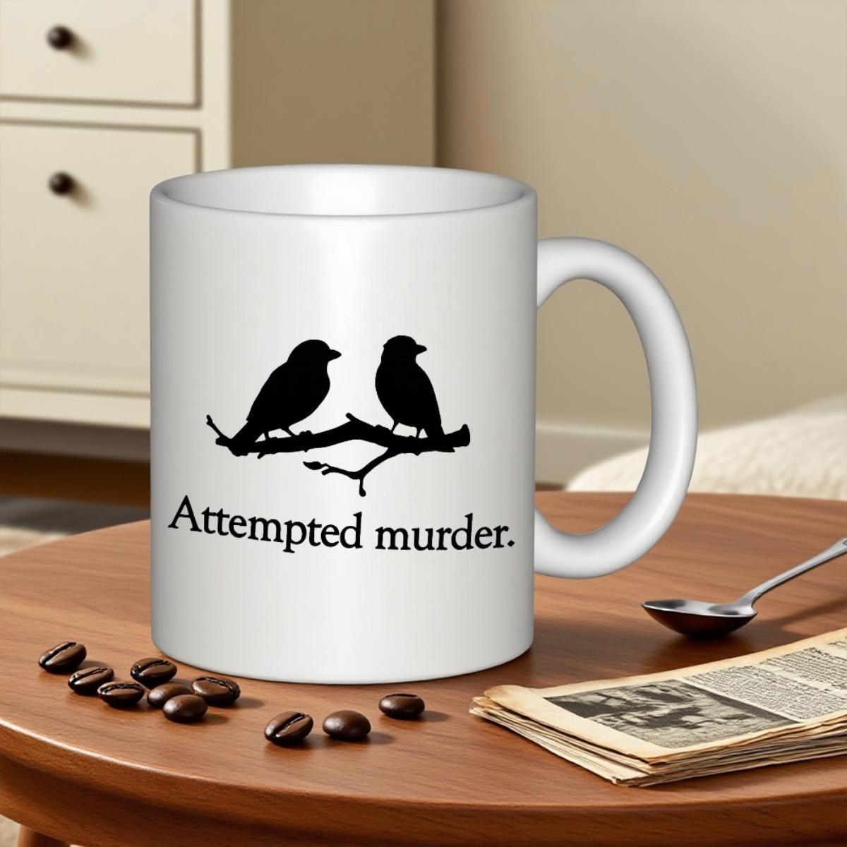 Tailorly White Ceramic 11 oz Mug - Attempted Murder Two Black Silhouette Crows Resting Quietly On A Small Tree Branch Bird