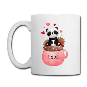 Tailorly White Ceramic 11 oz Mug - Love Cute Watercolor Illustration Sitting Inside Sweet Pink Cup Decorated With Hearts Panda