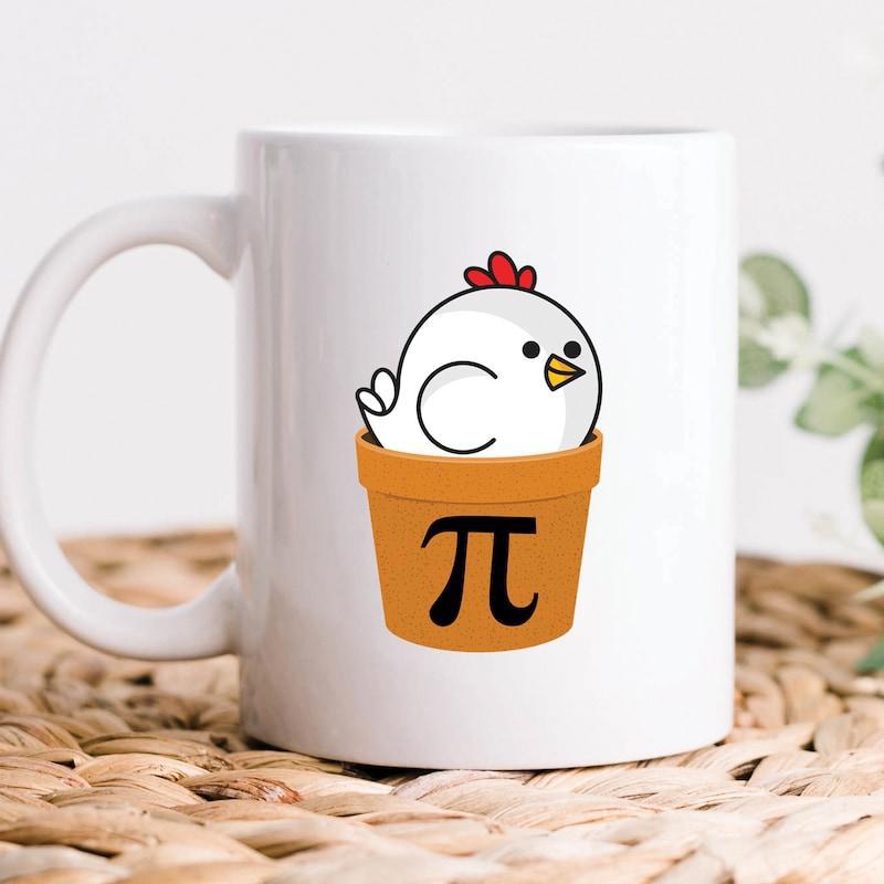 Tailorly White Ceramic 11 oz Mug - Cute Cartoon White Chicken Sitting Inside An Orange Pot Featuring Pi Symbol Chicken