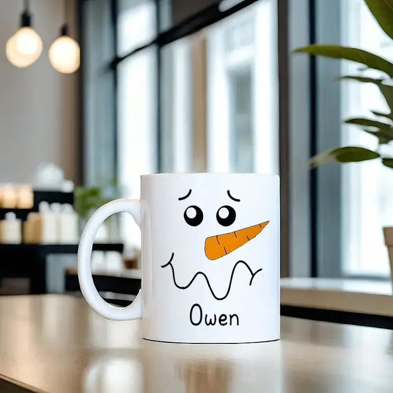 Tailorly White Ceramic 11 oz Mug - Owen Minimalist Winter Face With Carrot Nose And Simple Hand Drawn Smile Snowman