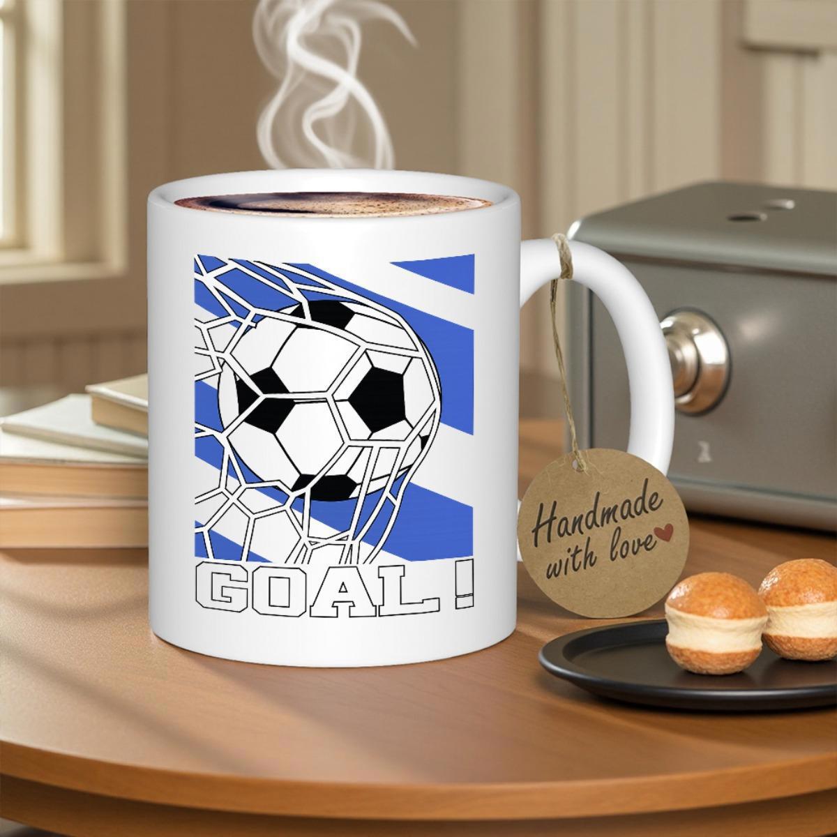 Tailorly White Ceramic 11 oz Mug - Goal Dynamic Sports Action Hitting The Net Among Blue Dynamic Stripes Soccer Ball
