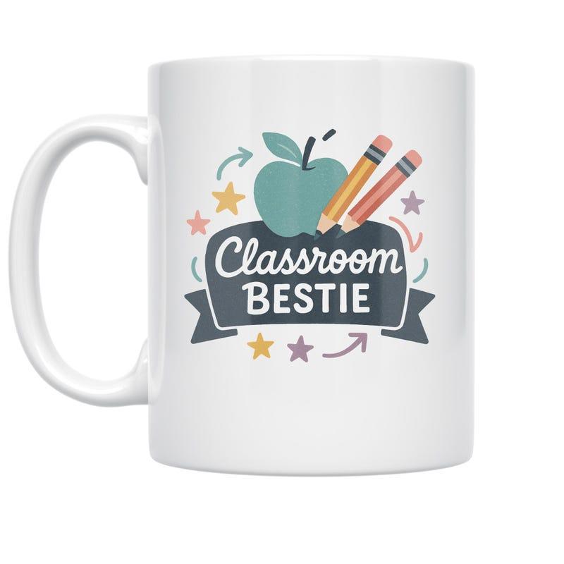 Tailorly White Ceramic 11 oz Mug - Classroom Bestie Vibrant School Supplies With Colorful Pencils And Stars Around An Apple