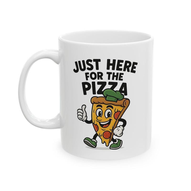 Tailorly White Ceramic 11 oz Mug - Just Here For The Pizza Happy Cartoon Slice With Chef Hat And White Gloves Walking Energetically Pizza