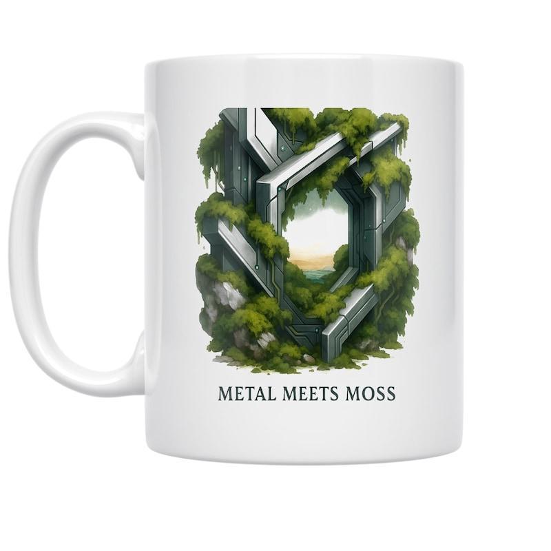 Tailorly White Ceramic 11 oz Mug - Metal Meets Moss Abstract Geometrical Industrial Beams Overgrown With Forest Moss Structure