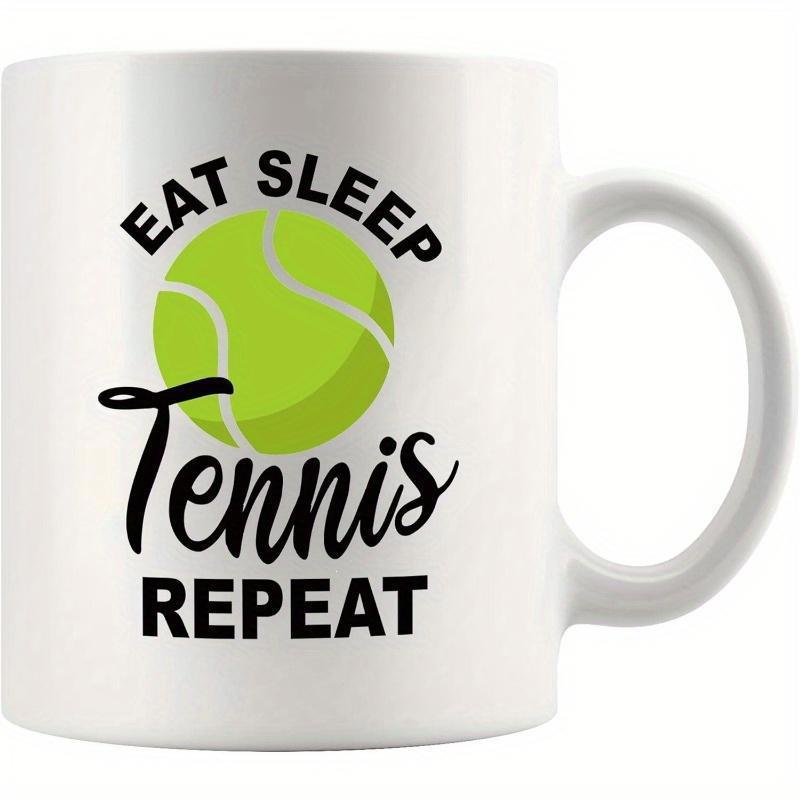 Tailorly White Ceramic 11 oz Mug - Eat Sleep Tennis Repeat Vibrant Green Felt Texture Floating Among Bold Arched Sporting Slogan Tennis Ball