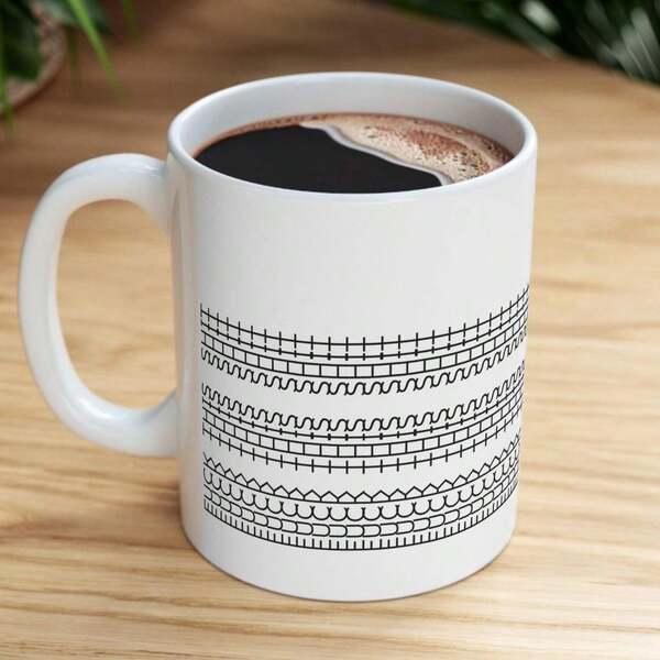 Tailorly White Ceramic 11 oz Mug - Minimalist Horizontal Tribal Bands With Geometric Intricate Black Folk Art Lines Mug