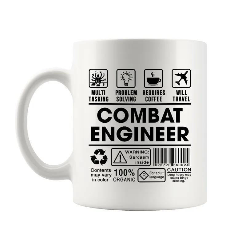 Tailorly White Ceramic 11 oz Mug - Combat Engineer Multi Tasking Warning Industrial Style Label Featuring Professional Icons On A Minimalist