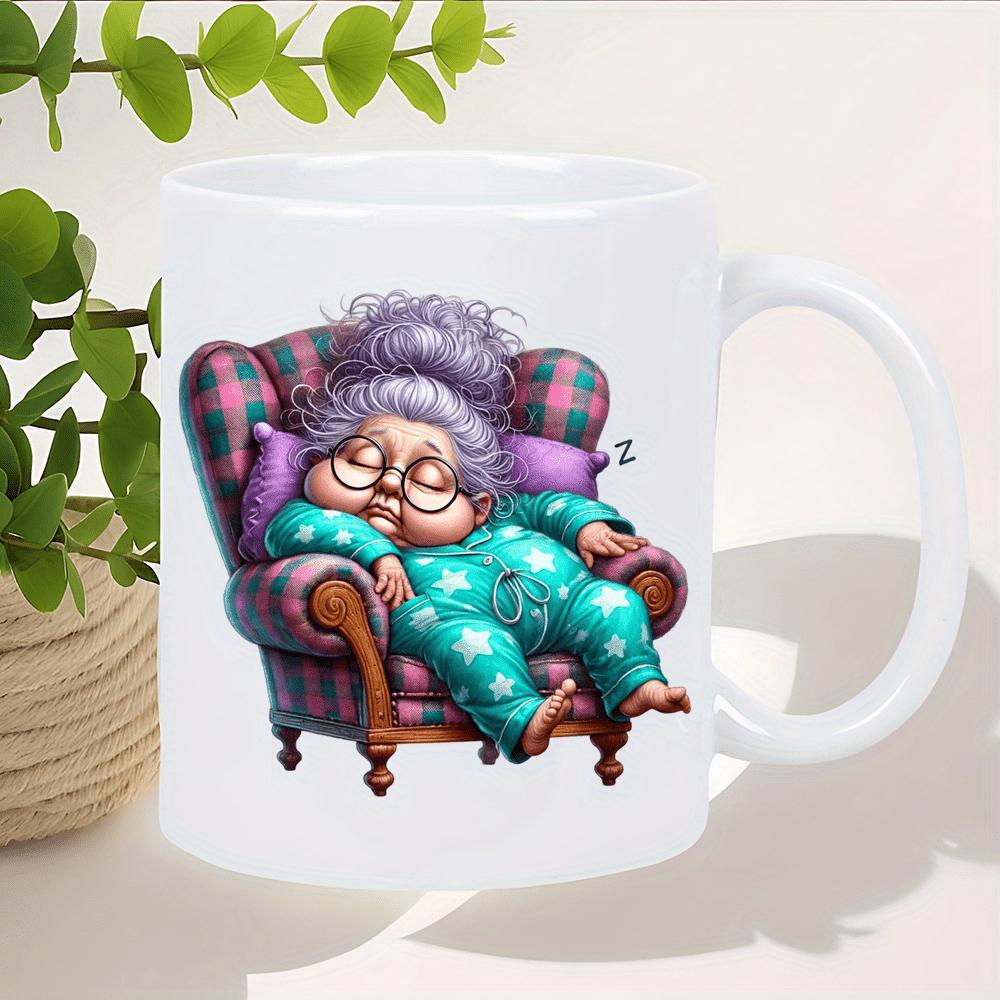 Tailorly White Ceramic 11 oz Mug - Cozy Sleeping Senior In Pajamas Resting On A Plaid Armchair Under Soft Light Grandmother