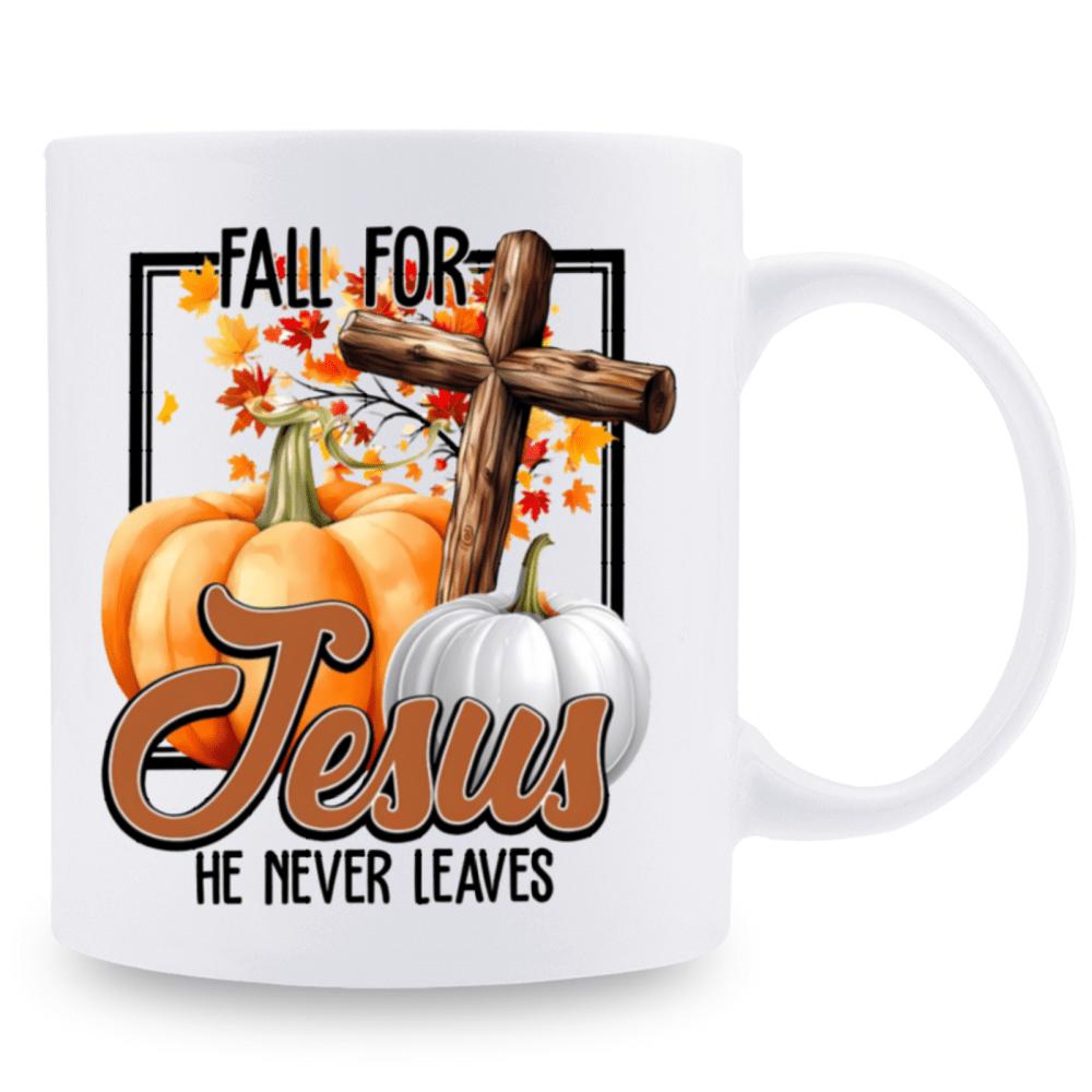 Tailorly White Ceramic 11 oz Mug - Fall For Jesus He Never Leaves Autumn Pumpkins And Wooden Cross Surrounded By Vibrant Falling Maple Leaves Pumpkin