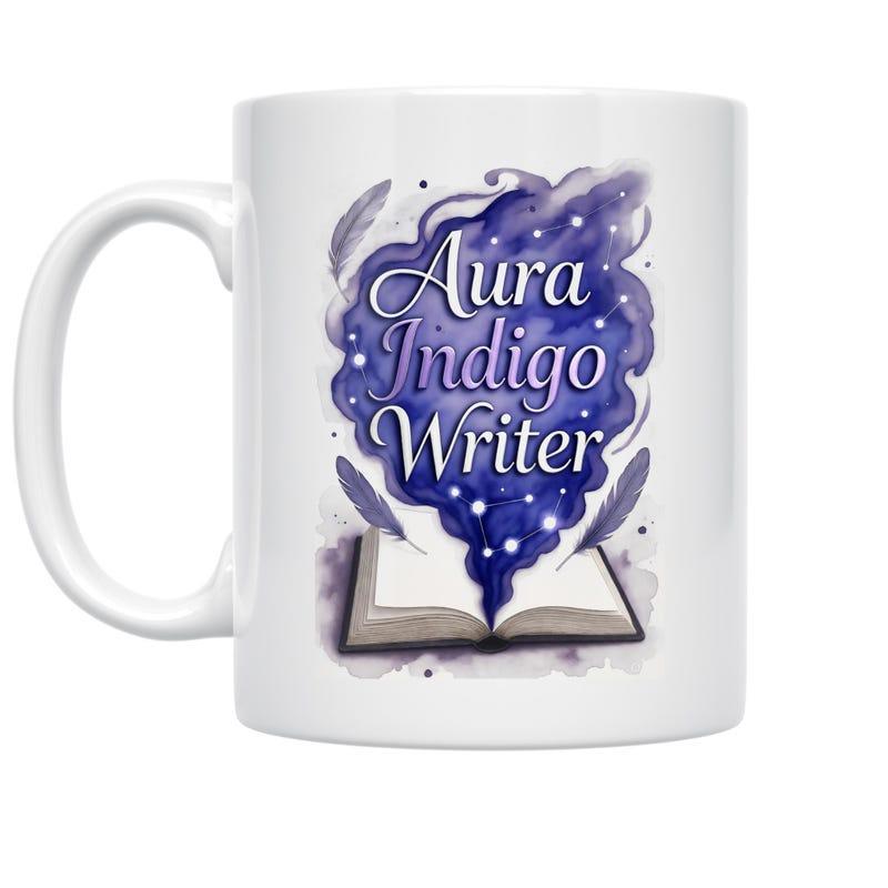 Tailorly White Ceramic 11 oz Mug - Aura Indigo Writer Mystic Purple Ethereal Smoke Clouds Rising Above Feathers And Pages Book
