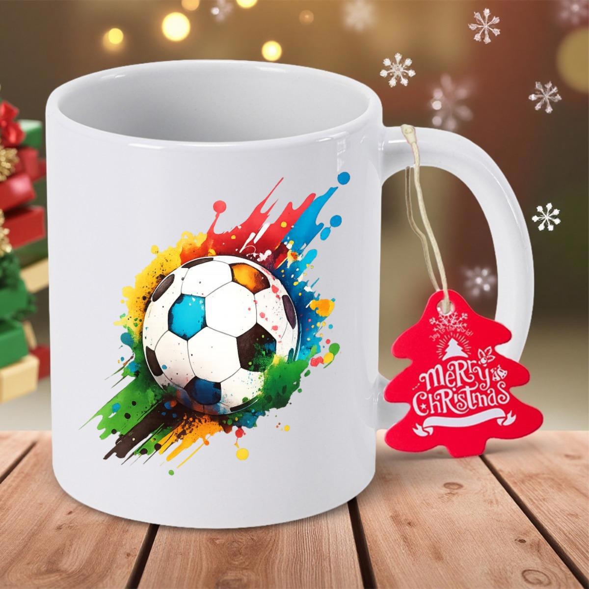 Tailorly White Ceramic 11 oz Mug - Merry Christmas Vibrant Artistic Splatters With Energetic Colorful Paint Soccer Ball