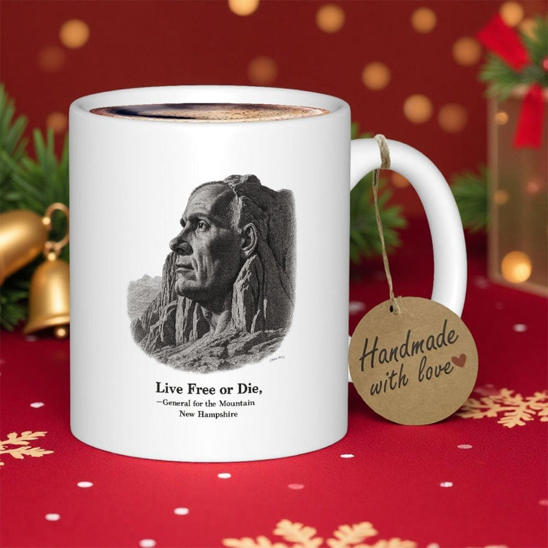 Tailorly White Ceramic 11 oz Mug - Live Free Or Die Detailed Engraved Style Sketch Featuring A Stoic Profile Of An Indigenous Person Portrait