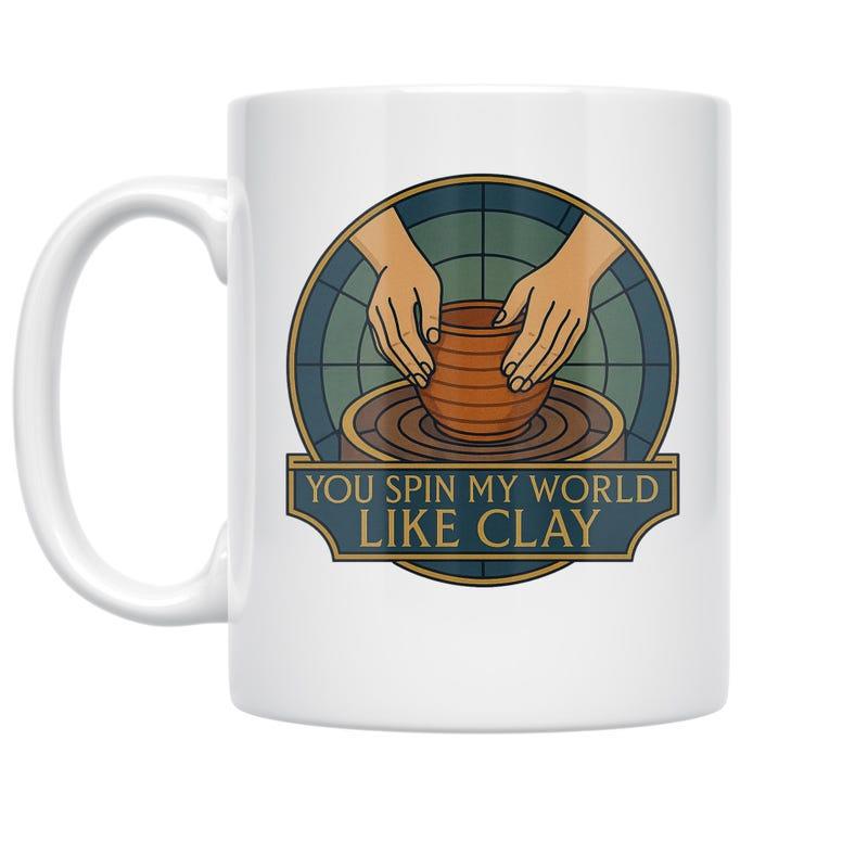 Tailorly White Ceramic 11 oz Mug - You Spin My World Like Clay Hands Shaping Ceramic Pot On Spinning Wheel With Circular Grid Background Pottery
