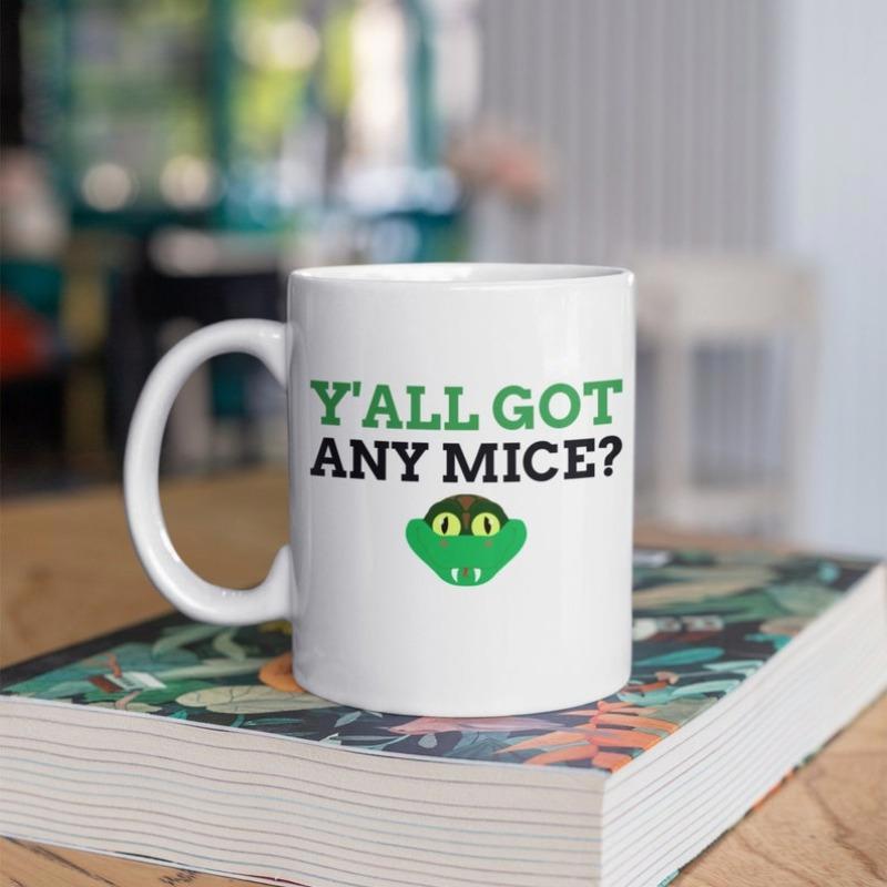 Tailorly White Ceramic 11 oz Mug - Yall Got Any Mice Cartoon Green Serpent Head With Bright Yellow Eyes And Cute Expression Snake