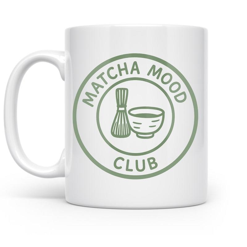 Tailorly White Ceramic 11 oz Mug - Matcha Mood Club Minimalist Circular Badge Design Featuring Traditional Matcha Tea Whisk And Bowl Badge