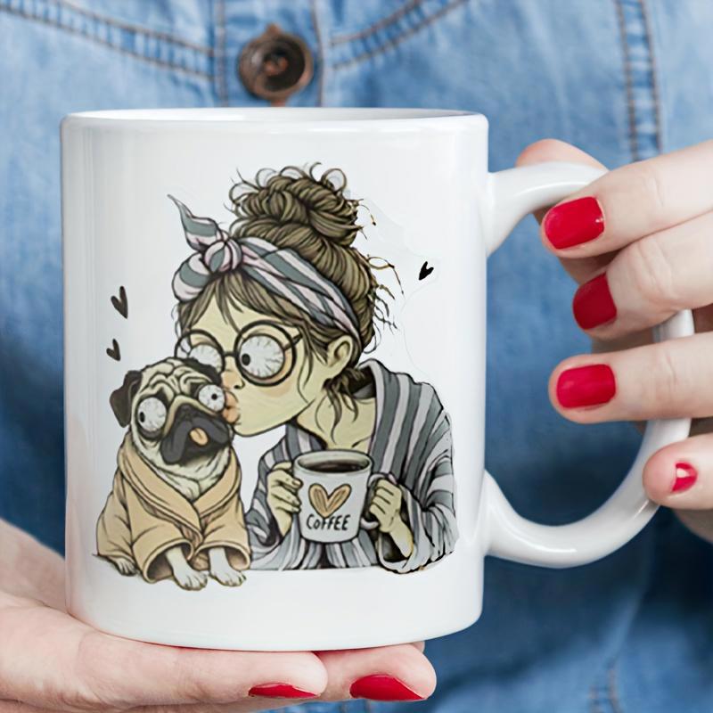 Tailorly White Ceramic 11 oz Mug - Coffee Messy Bun Lady Kissing Adorable Little Pug Dog While Holding Heart Woman