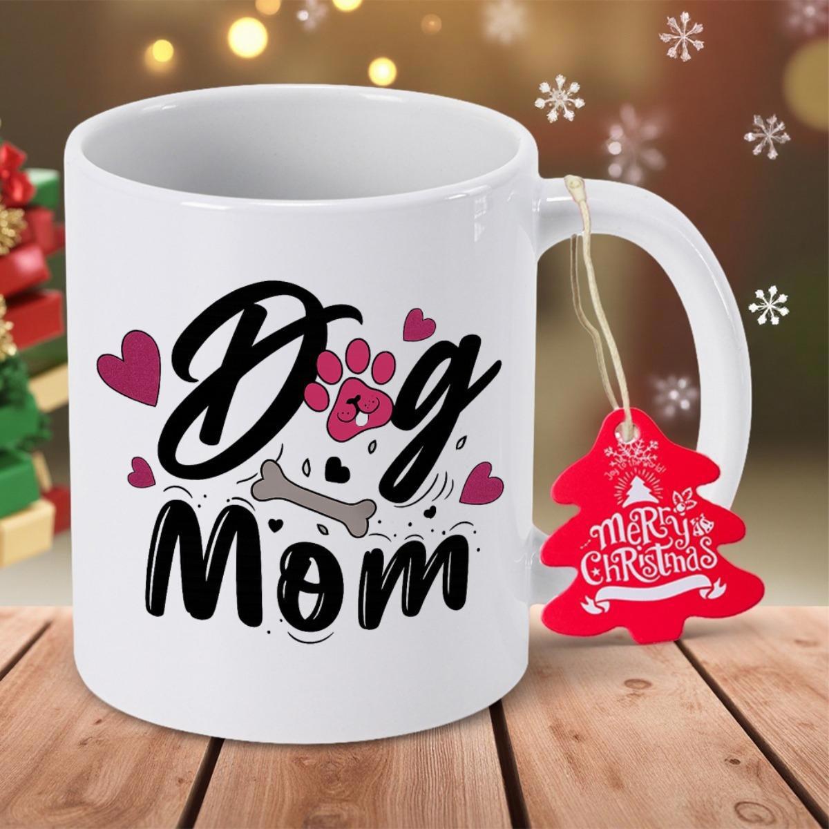 Tailorly White Ceramic 11 oz Mug - Dog Mom Elegant Paw Print Among Hearts And A Small Bone On Ceramic Mug