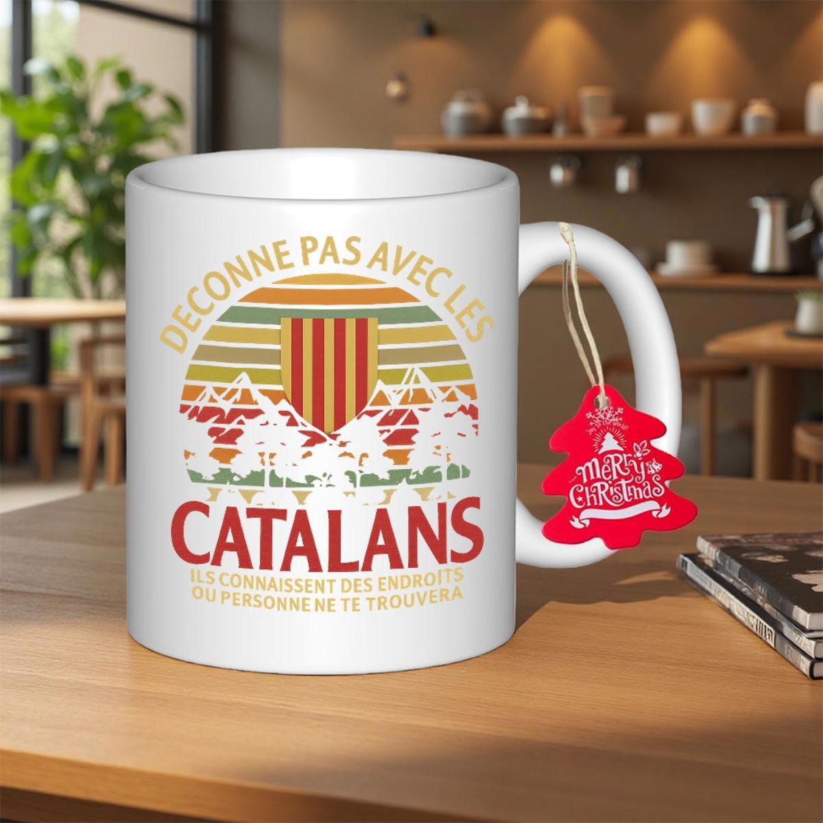 Tailorly White Ceramic 11 oz Mug - Merry Christmas Catalans Retro Striped Sunset With Forest Silhouettes And Emblem Mountains