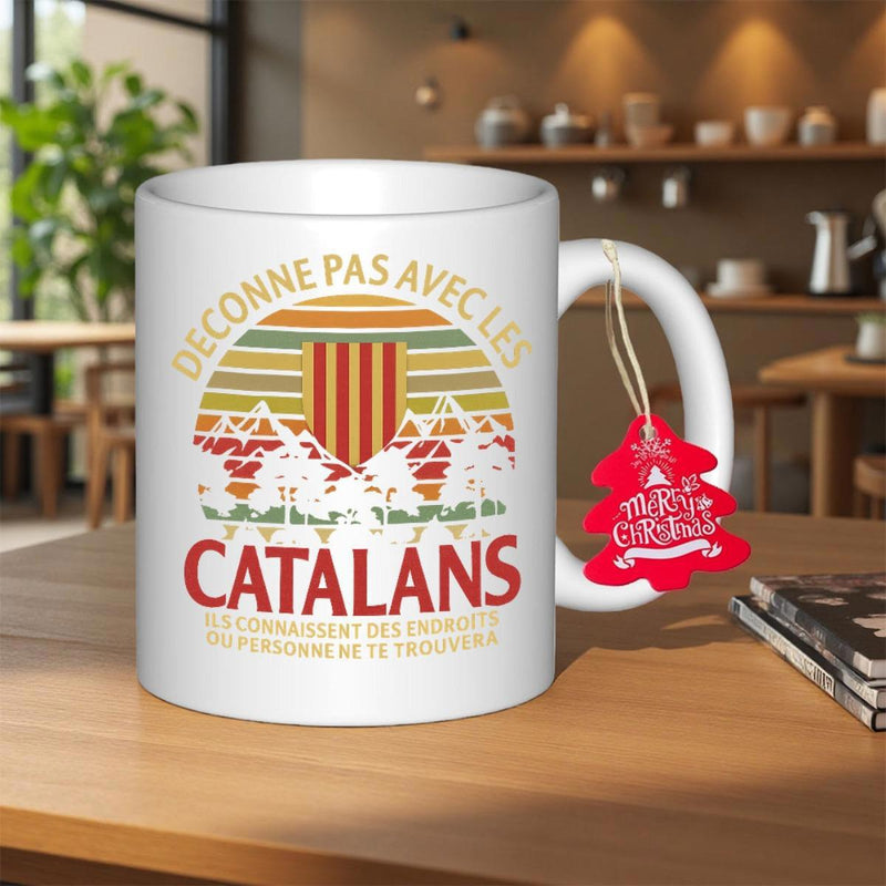 Tailorly White Ceramic 11 oz Mug - Merry Christmas Catalans Retro Striped Sunset With Forest Silhouettes And Emblem Mountains