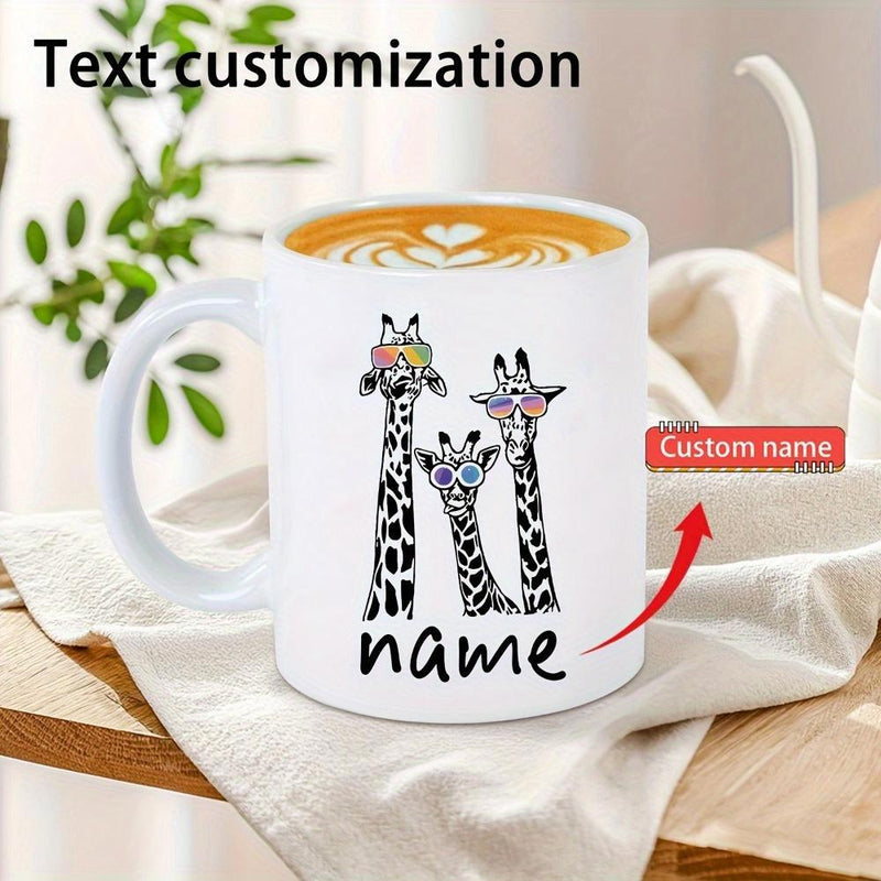 Tailorly White Ceramic 11 oz Mug - Name Three Whimsical Giraffes With Stylish Sunglasses Posing Together In Family Group Giraffe