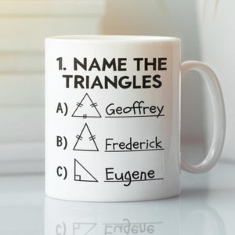 Tailorly White Ceramic 11 oz Mug - Name The Triangles Geoffrey Frederick Eugene Simple Geometric Shapes With Humorous Human Names In Minimalist Style Triangle