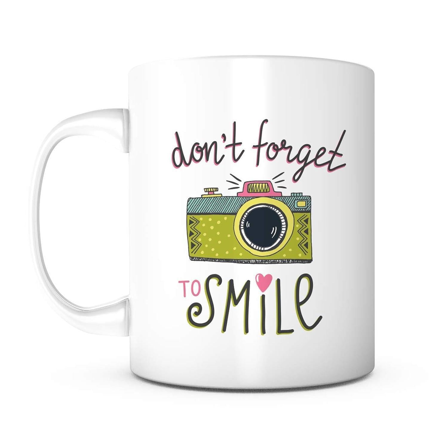 Tailorly White Ceramic 11 oz Mug - Don't Forget To Smile Vintage Hand Drawn Green Device With Accents Of Pink And Yellow Camera