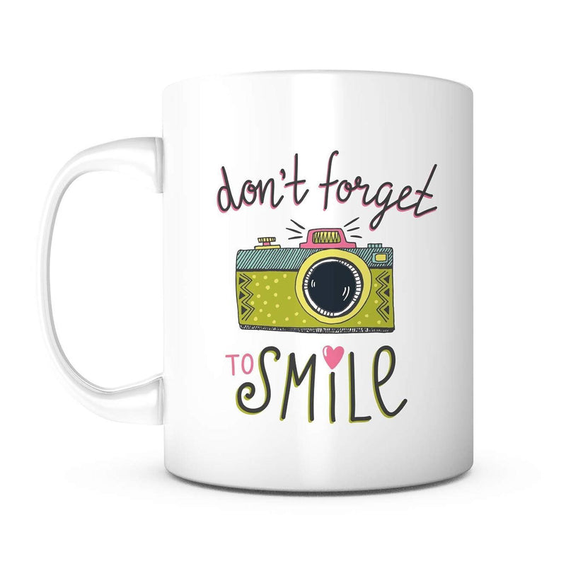 Tailorly White Ceramic 11 oz Mug - Don't Forget To Smile Vintage Hand Drawn Green Device With Accents Of Pink And Yellow Camera