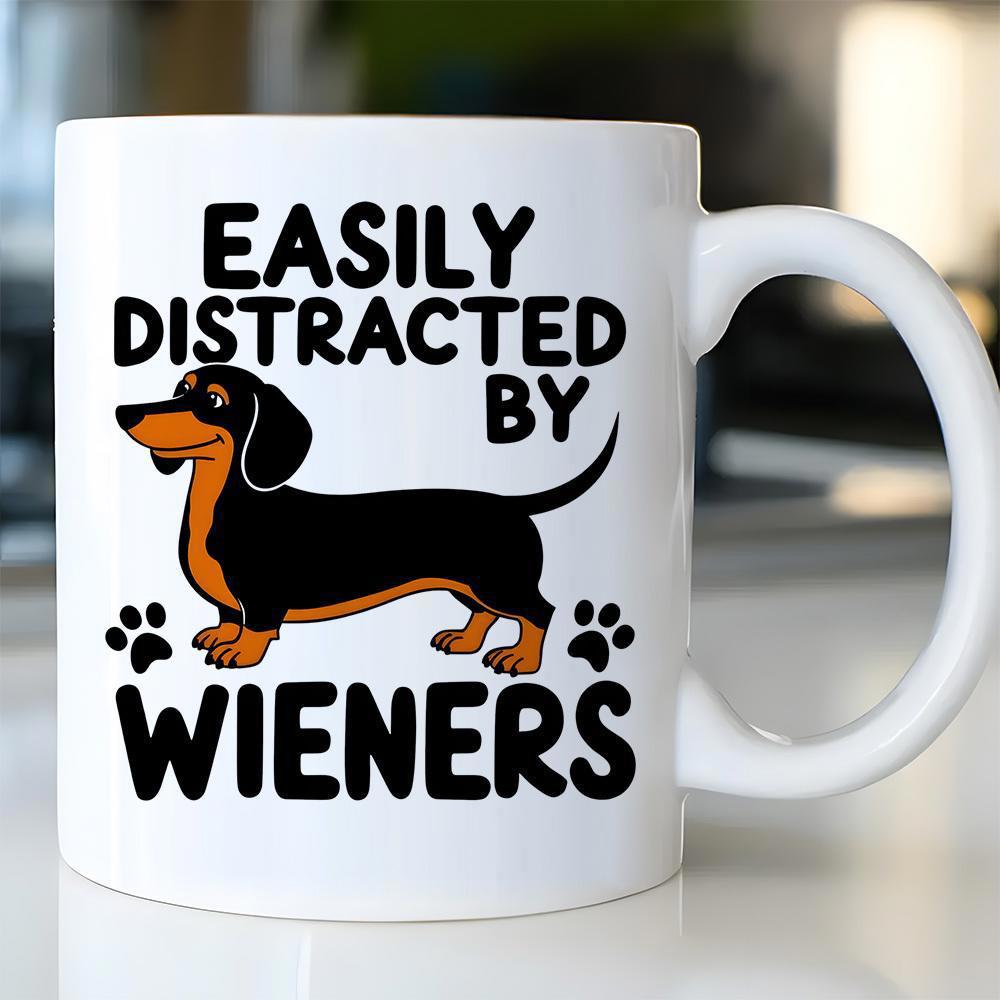 Tailorly White Ceramic 11 oz Mug - Easily Distracted By Wieners Cute Cartoon Dachshund Standing Among Small Paws Beside Loyal Weiner Dog