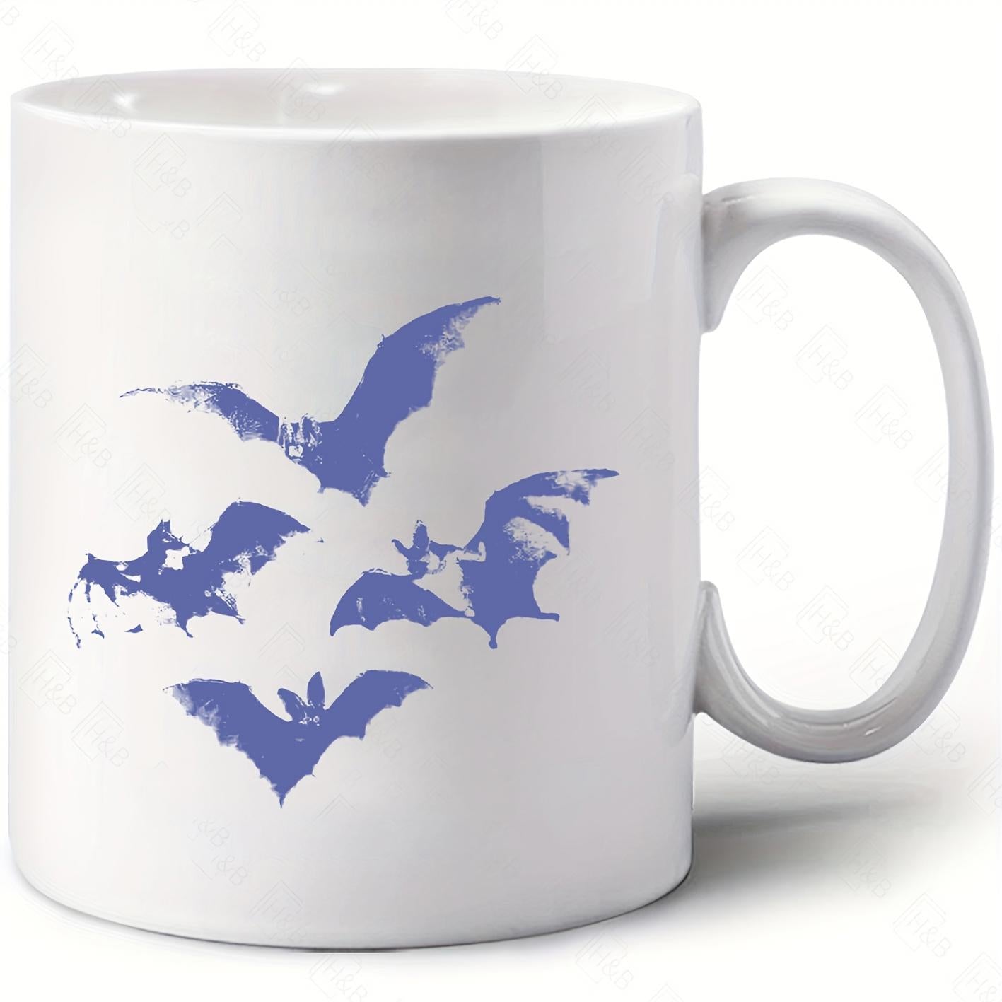 Tailorly White Ceramic 11 oz Mug - Flying Blue Animal Silhouettes Scattered Across The Clean White Background Bat