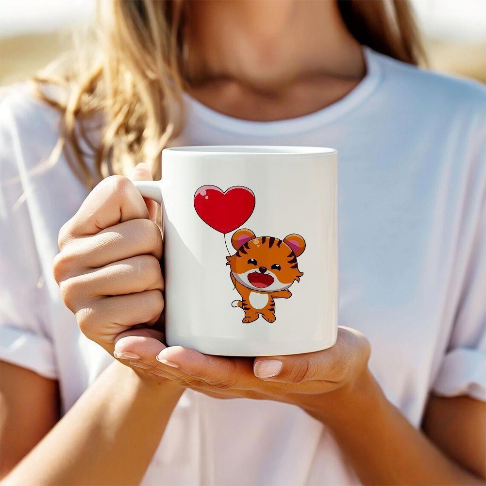 Tailorly White Ceramic 11 oz Mug - Adorable Chibi Tiger Holding A Floating Red Heart Shaped Balloon Tiger
