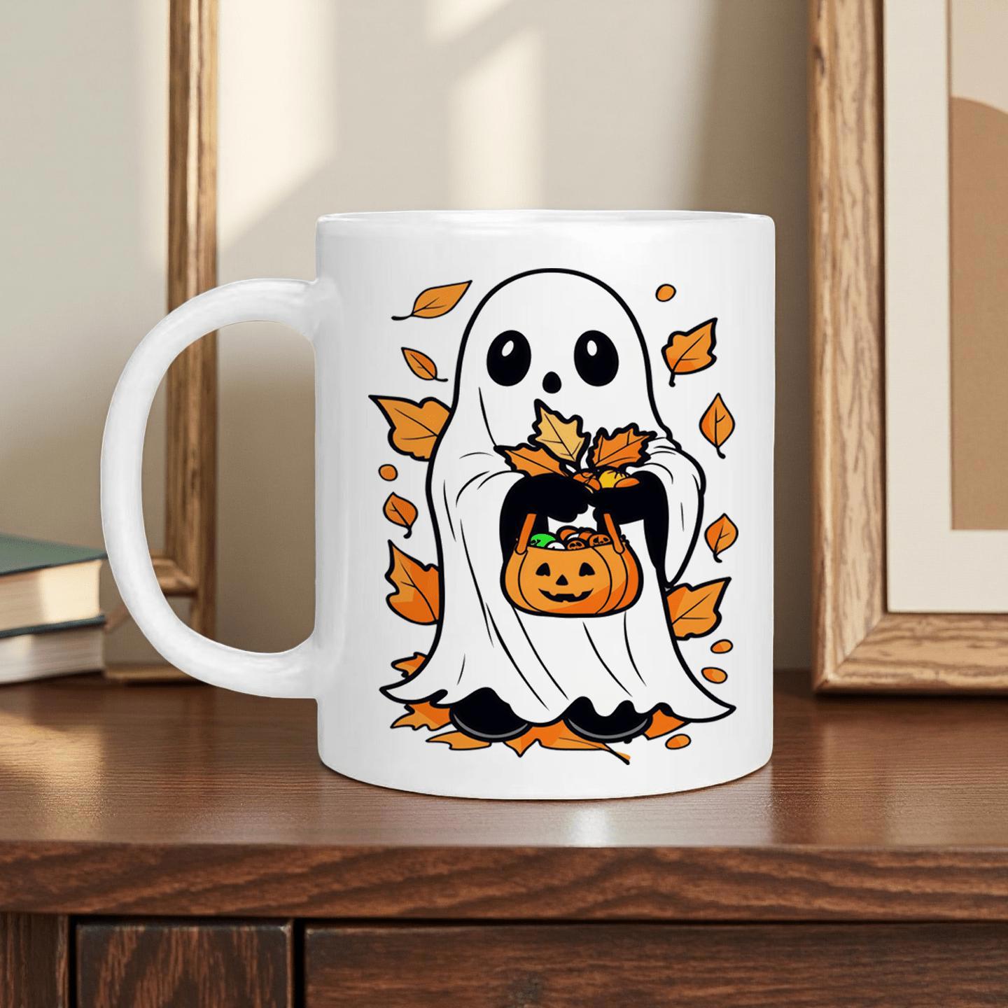 Tailorly White Ceramic 11 oz Mug - Cute Halloween Character Holding Pumpkin Basket Among Falling Autumn Leaves Ghost