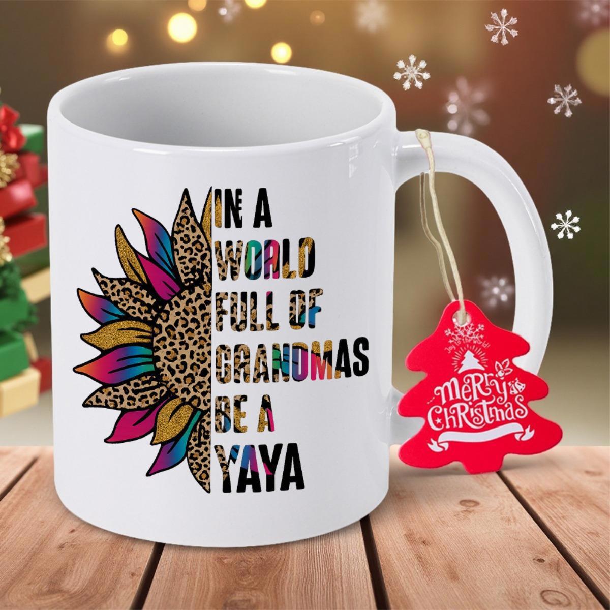 Tailorly White Ceramic 11 oz Mug - In A World Full Of Grandmas Be A Yaya Vibrant Leopard Print And Rainbow Colored Petals Pattern Sunflower